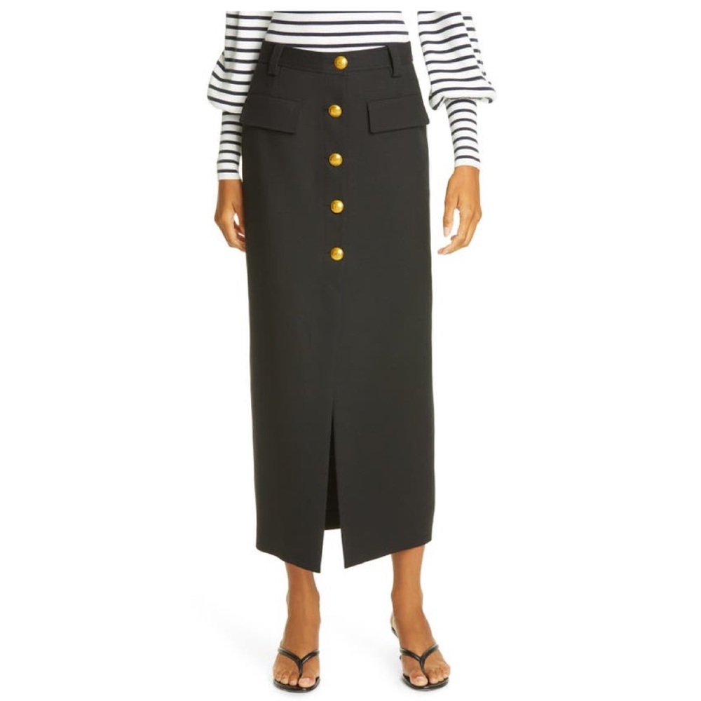 A.L.C. Black Midi Pencil Skirt with Gold Buttons